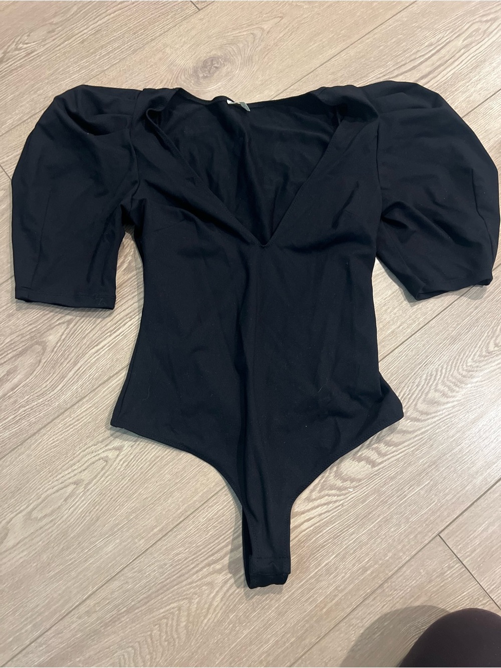 Free People Black Puff Sleeve V-Neck Bodysuit